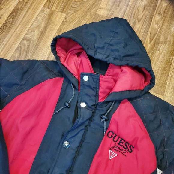Vintage 90s Guess Jeans Jacket Adult Large Starter‎ Style Red Black USA Rare